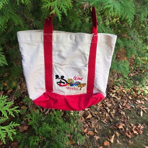 Disney Handbags - Vintage Disney Canvas Tote Bag Embroidered Logo 13x12x8 Red Cream Cotton Snap